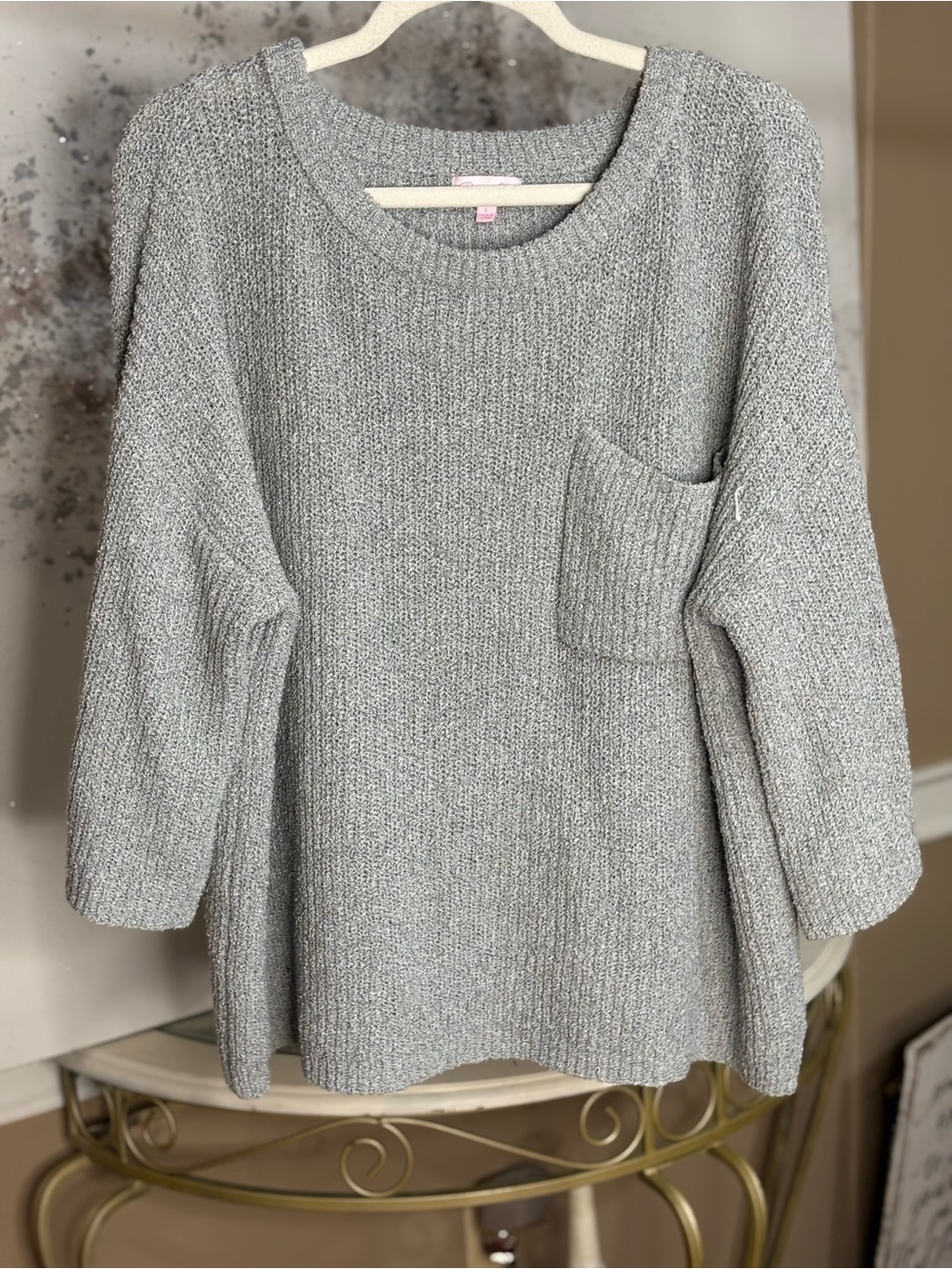 Pink Lily Gray Scoop Neck Knit Sweater with Pocket
